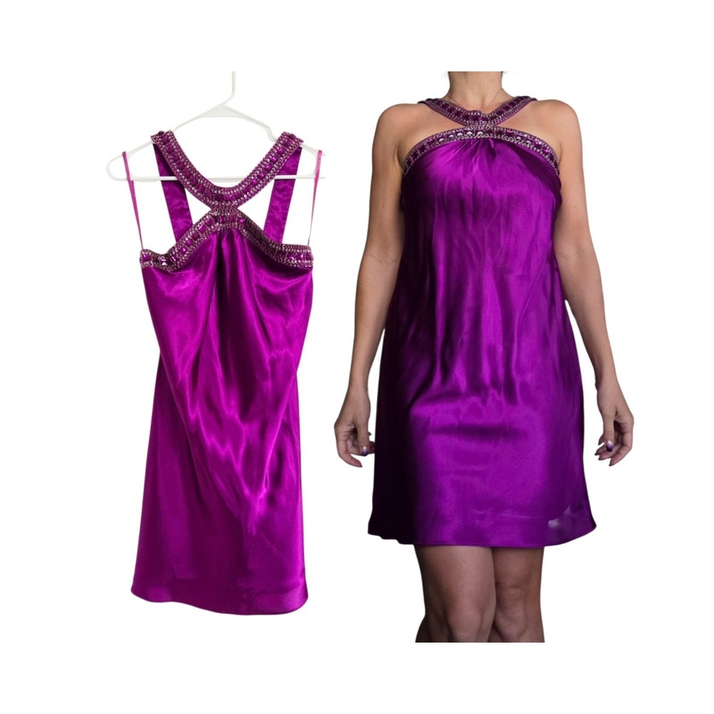 Jump Apparel Y2K Purple Satin Beaded Rhinestone Mini Dress XS Fairy Party NEW